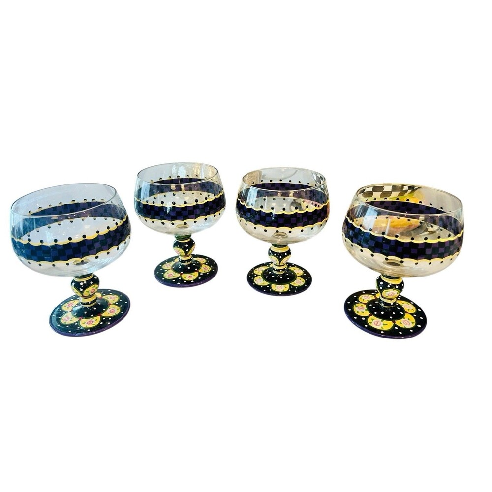 ARTLAND Katie Rose Set of 4 Hand Painted Dessert Goblets Purple Check Glass